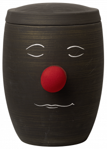 Handgefertigte, schwarze Urne mit dem Motiv der roten Pappnase von Bestattungen Hampel in Poll